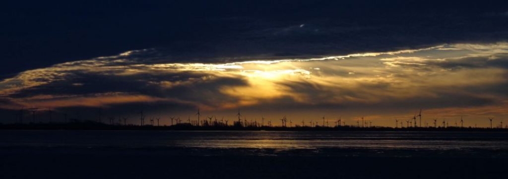 Windräder an der Küste im Abendlicht