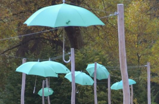 Mehrere grüne Regenschirme schweben über einer Wiese.