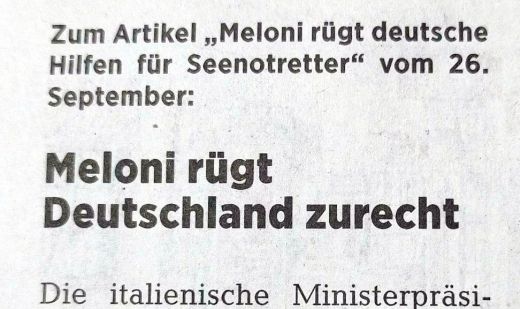 Titel zu einem Leserbrief in der Zeitung: "Meloni rügt Deutschland zurecht"